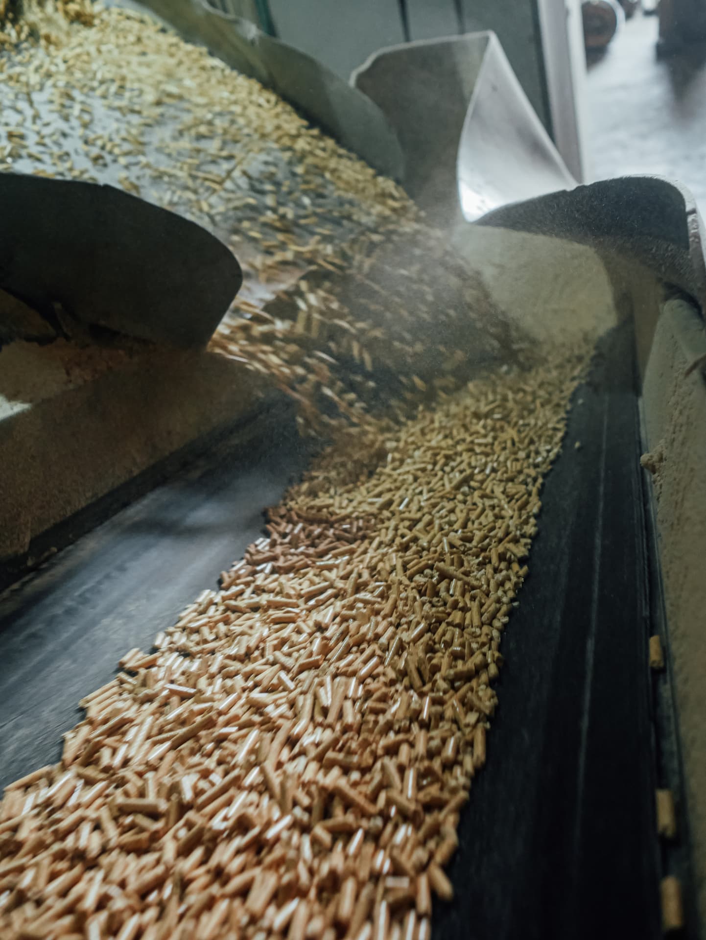 Granules moving along a conveyor belt at the Strobile plant